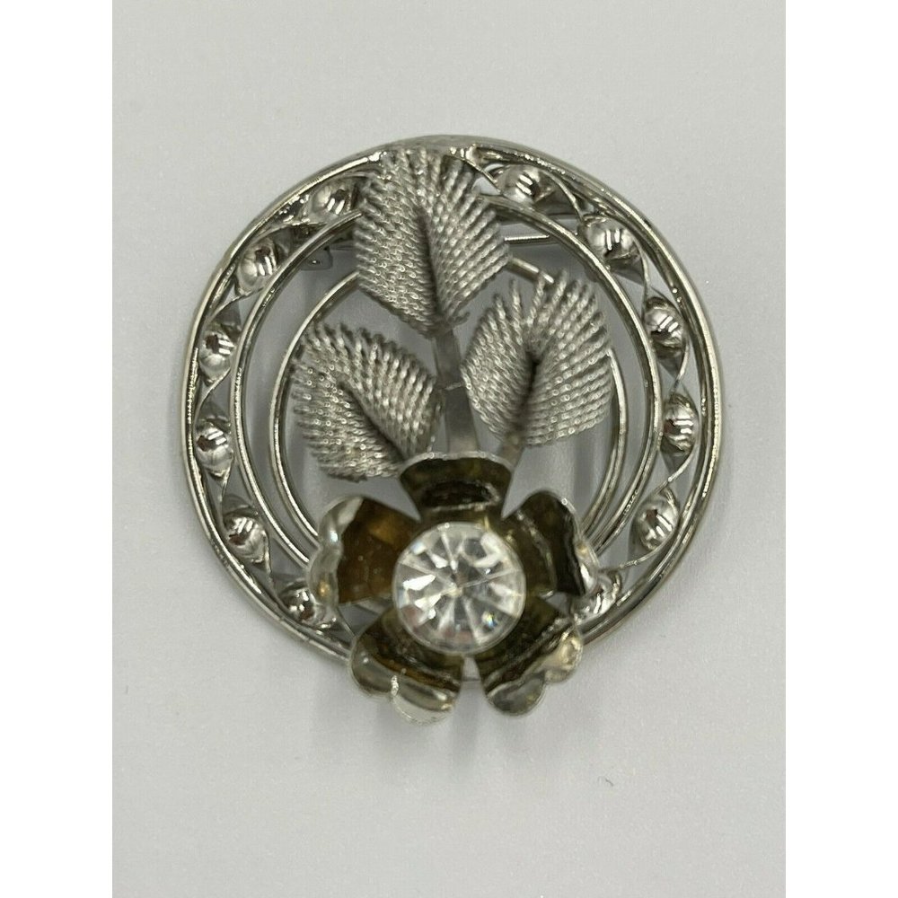 Vintage Brooch Silver Tone Flower Circle Pin 3D Leave a Flower With Rhinestone
